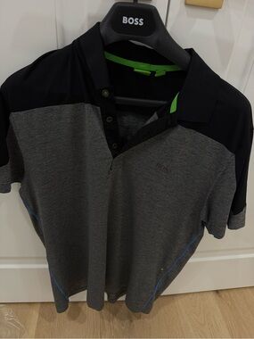 BOSS Grey Polo with Black Shoulders and Green Trim XL